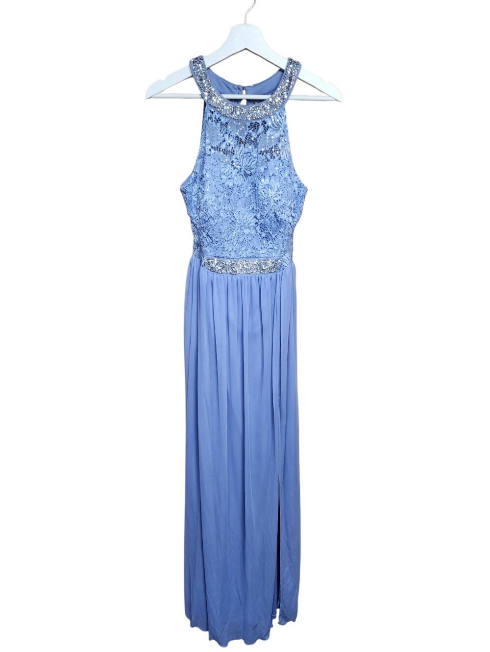 BCX Dress Beaded Embellished Lace Bodice Halter Maxi Dress Periwinkle Blue Sz 9